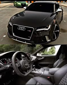 the inside and outside view of a car with black leather seats, steering wheel controls and dashboard