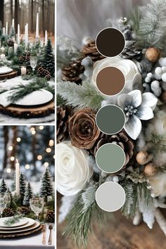 the table is decorated with pine cones, evergreens and white flowers in shades of green