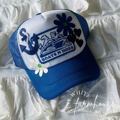 This hat is adorable and sure to make you stand out in a crowd and is perfect for any event! All patches are attached via commercial heat press! Check out my other listings for other options, if you don't see what you are looking for just message me! I love doing custom orders as well to make your dreams a reality! This listing is for the hat only! The hat is a one-size-fits-all snapback style trucker hat that can be adjusted! Please remember that each of my hats is made-to-order, so the size of Cute Adjustable Bucket Hat, Cute Blue Bucket Hat, Playful Mini Cap Hats For Spring, Playful Spring Mini Cap Hat, Cute Blue Bucket Hat For Spring, Cute Spring Cap Hats, Cute Spring Cap, Cute Spring Caps, Retro Spring Bucket Trucker Hat