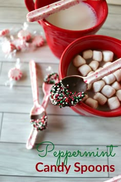 peppermint candy spoons in red bowls with white and green sprinkles