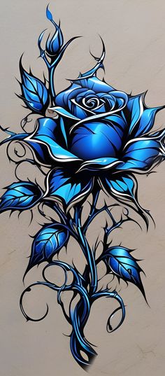 a blue rose tattoo design on the side of a wall