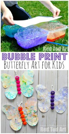 butterfly art project for kids to make with bubble paint and other crafting supplies on the grass