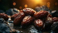 some raisins sitting on top of each other in the water with sunlight shining behind them