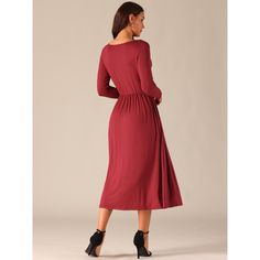 This women's V-neck long sleeve high waist midi swing dress with pockets is crafted from 95% Viscose and 5% Spandex, providing a soft and lightweight feel for ultimate comfort. The dress features long sleeves, a flattering V-neck, a high waist, and two side pockets, making it both stylish and functional. Its chic and understated design allows for easy accessorizing, making it perfect for important events, weddings, or special occasions. The round neckline enhances the collarbone, creating a beau Summer Wraps, Denim Midi Dress, High Waist Dress, Puff Long Sleeves, Tiered Midi Dress, Midi Shirt Dress, Maxi Dresses Casual, Long Sleeve Midi, Long Sleeve Midi Dress