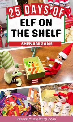 the elf on the shelf has many toys in it and is surrounded by other pictures