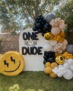 a birthday cake with balloons on it and a sign that says one dude next to it