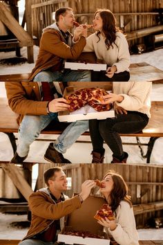 two people sitting on a bench eating pizza