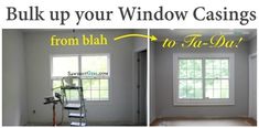 before and after pictures of a window in a house with the words, bulk up your window casino from blah to fa - da