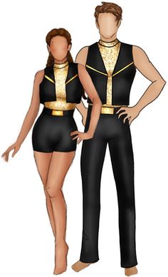 two people in black and gold outfits standing next to each other