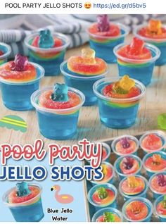 jelly jello shots are in plastic cups with gummy bears on the top and bottom