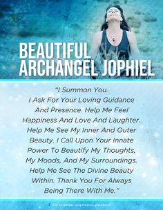 a woman with her eyes closed and the words beautiful, archanel jophiel