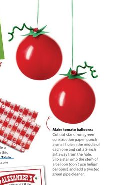 an advertisement with tomatos hanging from strings and checkered napkins on the end