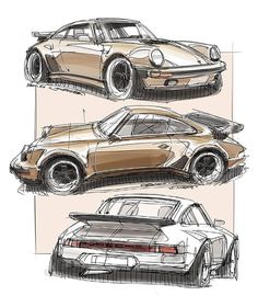 three different types of cars are shown in this drawing technique, one is brown and the other is white