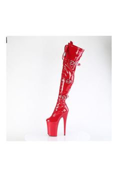 9" Heel, 5 1/4" Platform Buckled Lace Up Thigh Boot, Side Zipper - Fit Guide: True to Size - Heel: 9" Heel, 5 1/4" Platform - Brand: Pleaser - Country of Origin: Imported Red Platform Boots For Party, Red High Heel Platform Boots For Party, Red Knee-high Platform Boots For Party, Red Fitted High Heel Platform Boots, Fitted Red High Heel Platform Boots, Red High Heel Boots For Club, Red Fitted Knee-high Platform Boots, Red Knee-high Party Boots, Red Knee-high Boots For Party