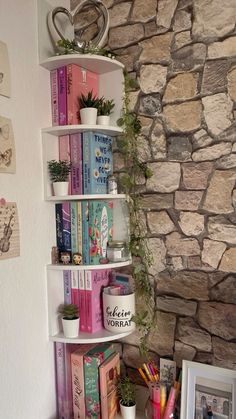 there is a shelf with many books and plants on it in the corner next to a stone wall