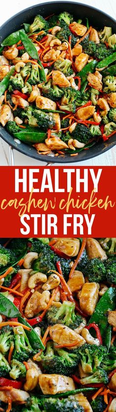 healthy chicken stir fry with broccoli, carrots and other vegetables in a skillet