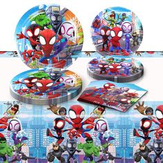 spiderman party supplies including plates and napkins