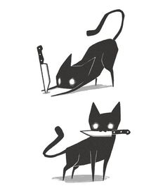 two black and white illustrations of cats with knives