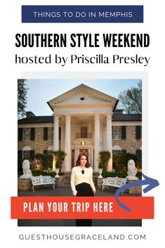 a woman standing in front of a house with the words southern style weekend hosted by pisica presley