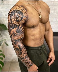 a man with a clock tattoo on his arm and half sleeve is holding a knife