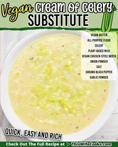 Vegan Cream of Celery Substitute ~ Got a recipe that calls for a can of cream of celery soup? This recipe is quick, easy, and yields the equivalent of one can of condensed cream of celery soup! Soup Instant Pot, Cream Of Celery, Dairy Free Cream, Holiday Baking Recipes, Cream Of Celery Soup, Celery Soup, Vegetarian Soup