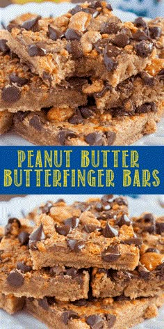 peanut butter butterfingered bars stacked on top of each other