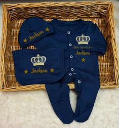 A full set is One sleep suit One hat One bib If you want to add a  blanket, it will be with the same Crown and the name. If you want to add the gift bag, it comes as a memory keepsake suitcase.  Thank you for letting me create a special memory for your child. Everything is custom made to order with love and attention to detail. Sent the same day as paid wherever possible. Weekends not included. Processing times usually 1/2 days. All goods are sent by Tracked Royal mail can take 3/4 days to deliv Baby Labels, Iron On Letters, Baby Boy Clothes Newborn, Fabric Conditioner, Navy Baby, Etsy Personalized Gifts, Baby Outfit, Memorial Keepsakes