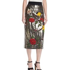 Hand-Applied Sequins, Stunning Embroidery And Pretty Florals Make This Pencil-Style Midi Skirt A Work Of Art. High Waist. Exposed Back Zipper. Embellishment Throughout. Fitted. Mid-Length. 91% Nylon, 9% Elastane. Length: 28'' From Waist. Fits True To Size, Take Your Normal Size. Model Is 5' 9.5'' Wearing A Us Size 2. Dry Clean Only.Est. Retail Price: $795.00 Straight Midi Skirt, Embellished Midi Skirt, Olivia Gold, Leather A Line Skirt, Godet Skirt, Pink Midi Skirt, Hi Low Skirts, Vegan Leather Skirt, White Midi Skirt