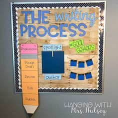 the writing process is displayed on a bulletin board