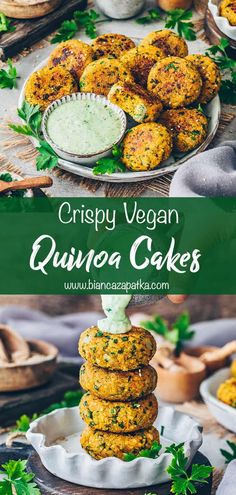 crispy vegan quinoa cakes are stacked on top of each other and ready to be eaten