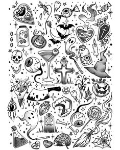 an image of halloween themed tattoos on a white background with black and white inks