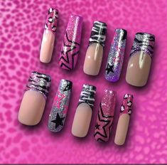 Nails, pink nails, long square, animal print, glitter, y2k, aesthetic #nails Y2k Initial Nails, 2000s Fashion Nails, Y2k Press On Nails, 2000 Inspired Nails, Snooki Nails, 2000s Acrylic Nails, Scene Nails Emo, Trashy Y2k Nails, Trashy Nails