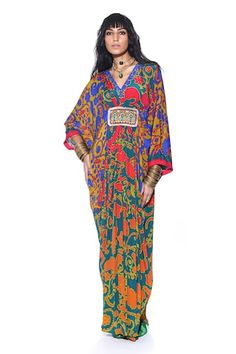 Green, orange and blue batwing sleeves pure crepe ombre kaftan with all over quirky ambrosia fleur print and multi colored beaded patch at the front and back to cinch the waist. - Aza Fashions Traditional Festive Kaftan With Vibrant Print, Festive Traditional Kaftan With Vibrant Print, Multicolor V-neck Kaftan For Eid, Festive Multicolor Maxi Kaftan, Festive Multicolor Maxi-length Kaftan, Multicolor Silk Free-size Kaftan, Kaftan Women, Batwing Sleeve, Bat Wings