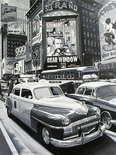 a black and white photo of cars driving down the street in front of billboards