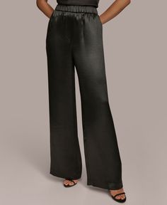 out of stock Elegant Black Wide Leg Pants For Evening, Black Wide Leg Pants With Elastic Waistband For Evening, Sleek Solid Pants For Evening, Sleek Solid Color Evening Pants, Evening Solid Straight Leg Pants, Sleek Black Full-length Pants, Elegant Full-length Relaxed Fit Bottoms, Elegant Black Wide Leg Pants With Elastic Waistband, Elegant Full-length Bottoms With Relaxed Fit