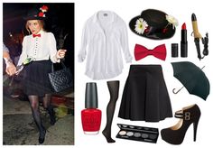 a woman in black and white outfit with red bow tie, hat, umbrella, shoes, purse