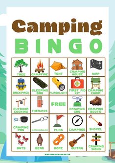 a poster with camping related items on it and the words camping bingo written in large letters