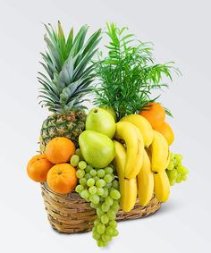 a basket filled with lots of fruit next to a pineapple and oranges on a white background