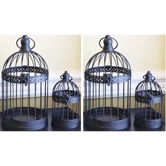 two pictures of a birdcage with the top open and bottom closed, showing the inside