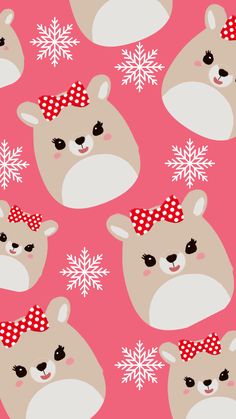 a pink background with white snowflakes and brown bears wearing red checkered bows