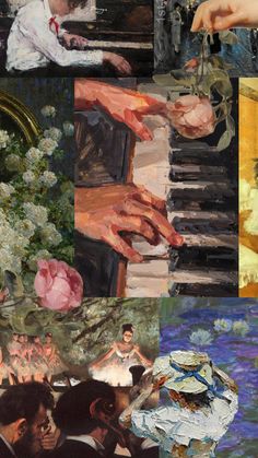 a collage of paintings with people playing piano and flowers in vases on the table