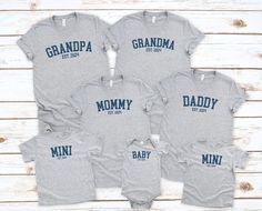 Get ready to love this matching family shirts! Is the perfect gift for the family who loves simple vibes! Shirts are sold separately *QUICK FACTS* * 100% Preshrunk * Machine Washable     *CARE INSTRUCTIONS* Machine wash Tumble dry: medium; Iron, steam, or dry: low heat; Do not dry clean Turn inside out Do not iron directly on the print * S I Z I N G * Sizing is unisex  Size guide and fit: Below there is a size guide that you can use! For a better fit feel free to compare it with a shirt you curr Gray Short Sleeve Family Matching T-shirt, Cheap Gray Family Matching T-shirt, Family Matching Gray Short Sleeve T-shirt, Blue Family Matching T-shirt With Name Print, Cheap Family Matching T-shirts For Gender Reveal, Family Shirts Matching, Grandma And Grandpa, Notes Design, Pregnancy Reveals