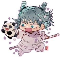 an anime character with blue hair holding a panda bear