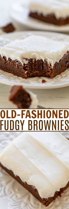 two pictures of brownies with frosting on them and the words old - fashioned fudge