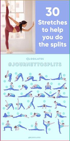 a woman doing yoga poses with the words 30 stretches to help you do the splits