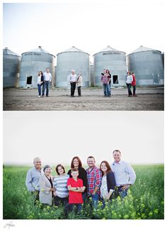 the family is posing for pictures in front of some silos and other silos