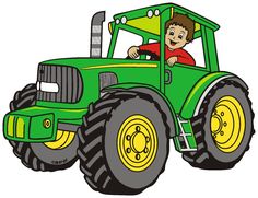 a green tractor with a boy in the driver's seat and yellow rims