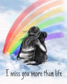 a drawing of two people hugging in the clouds with a rainbow in the background that says, i miss you more than life