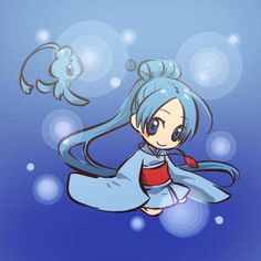 an anime character floating in the water with her hair up and flying through the air