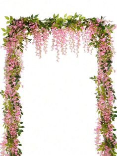 pink flowers and green leaves are hanging from the side of a floral arch on a white background